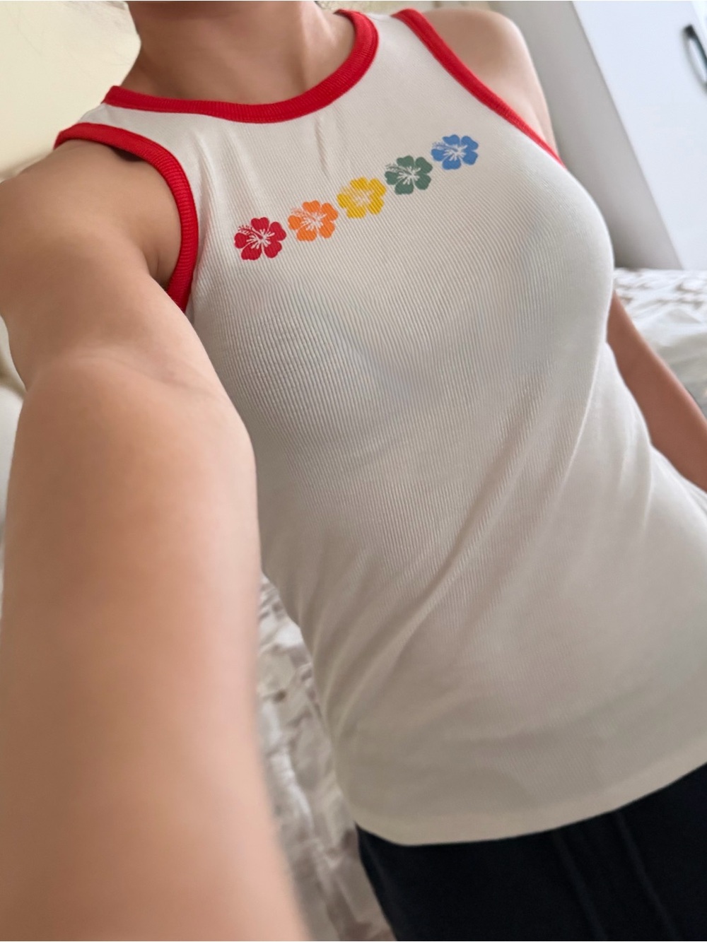 art class White Ribbed Tank with Red Trim and Rainbow Floral Detail